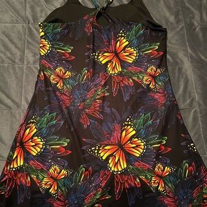 Constantly Varied Gear Strapless Dress with Vibrant Butterfly Design